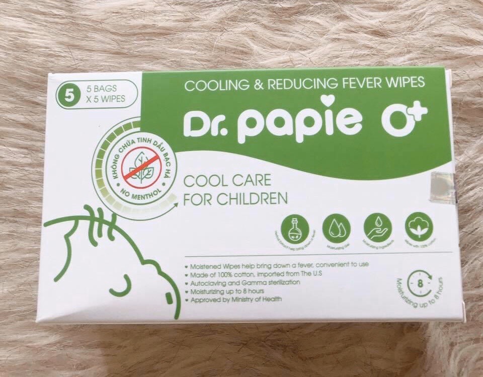 Khăn Lau Hạ Sốt Dr Papie Cho Bé Từ 0 Tháng Trở lên - Hộp Xanh Lá (5 Gói x 5 Khăn)