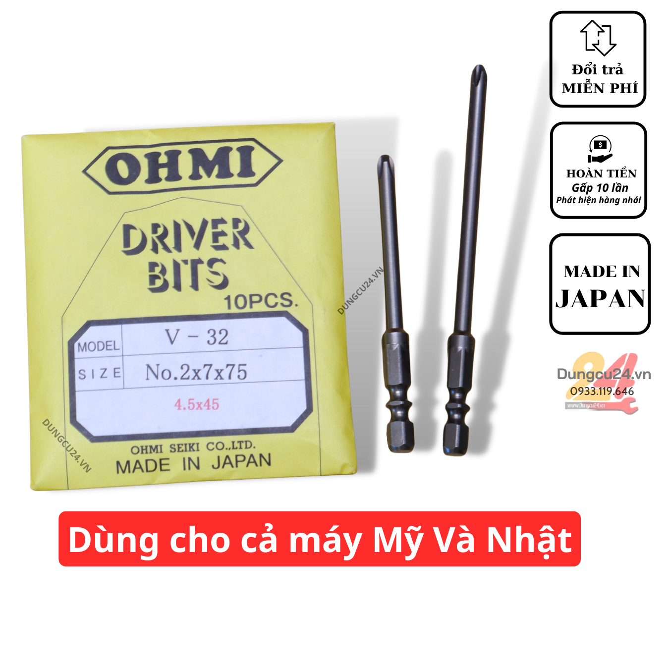 [made in japan] Mũi vít nhật OHMI chân ngắn máy mỹ +2 (PH2)/+1(PH1) (GIÁ 1 MŨI)