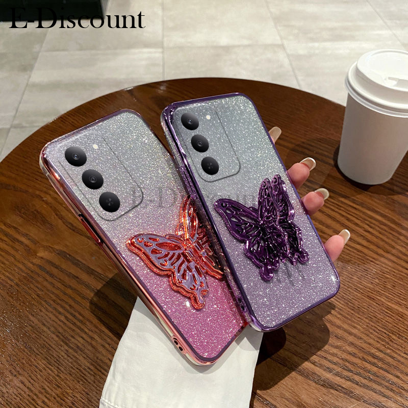 New Phone case Realme C71 C75 C75X Back cover with Cute Butterfly Stand Luxury Slim Gradient Clear Plating Glitter Girls For Realme C75 C75X C71 case.