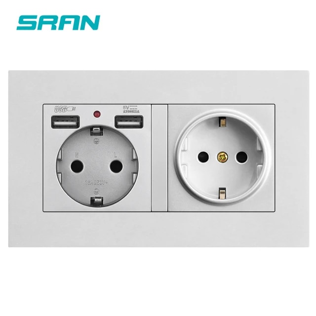 Sran Eu 2gang Power Socket 16a Electrical Plug Grounded Hide Led Indicator Double Socket With Usb 146*86mm Pc Panel Wall Socket