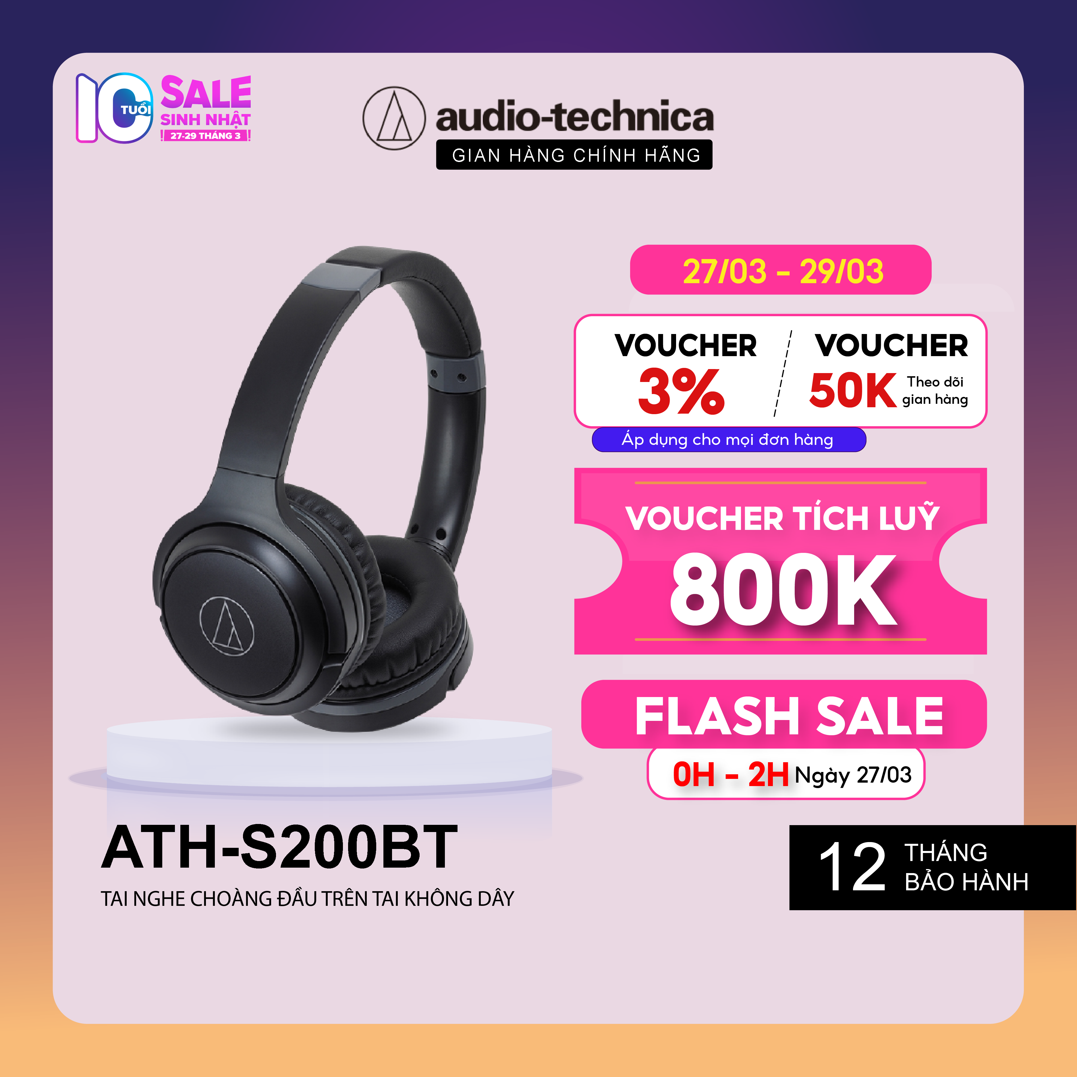 Tai Nghe Bluetooth Chụp Tai Onear Audio Technica ATH-S200BT Thời Lượng Pin 40H - Hàng Chính Hãng thumbnail