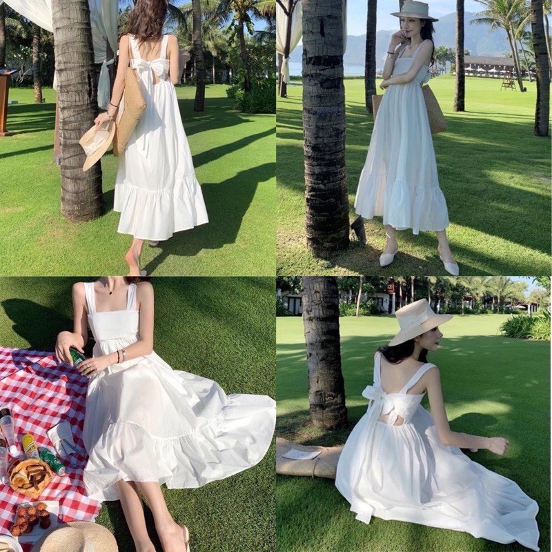 Đầm maxi trắng cột nơ , Đầm maxi du lịch hàng cao cấp [Mẫu Mới Kèm Ảnh Thật Và Video]