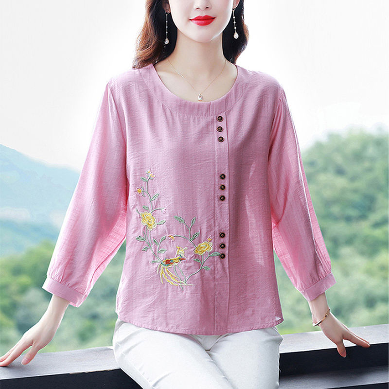 New Style Cotton and Linen Shirt Women's Elegant Small Shirt Large Size T-shirt Linen Top Loose Slimming Western Style Mother's Clothes