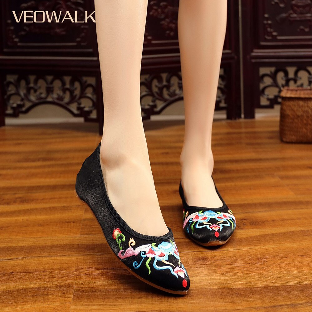 Veowalk Flowers Embroidered Women See-Through Cotton Ballet Flats  Breathable Ladies Pointed Toe Embroidery Ballerines Shoes