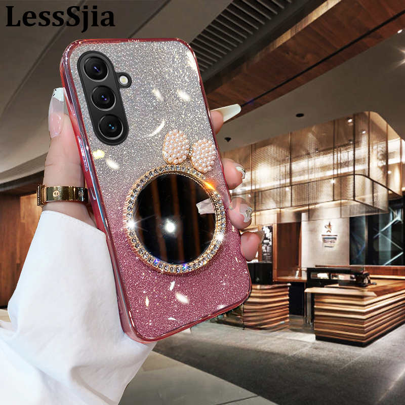 Phone Cover Samsung A26 A36 A56 Back case with Bow Makeup Mirror Luxury Shiny Gradient Clear Plating Glitter Girls Slim For Galaxy A36 A26 A56 Phone cases.