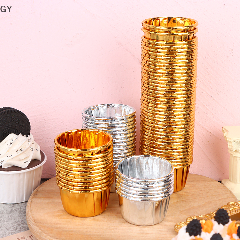 GY 50pcs mini cupcake Foil Cupcake Wrapper Paper Gold Silver Cupcake Baking Cups