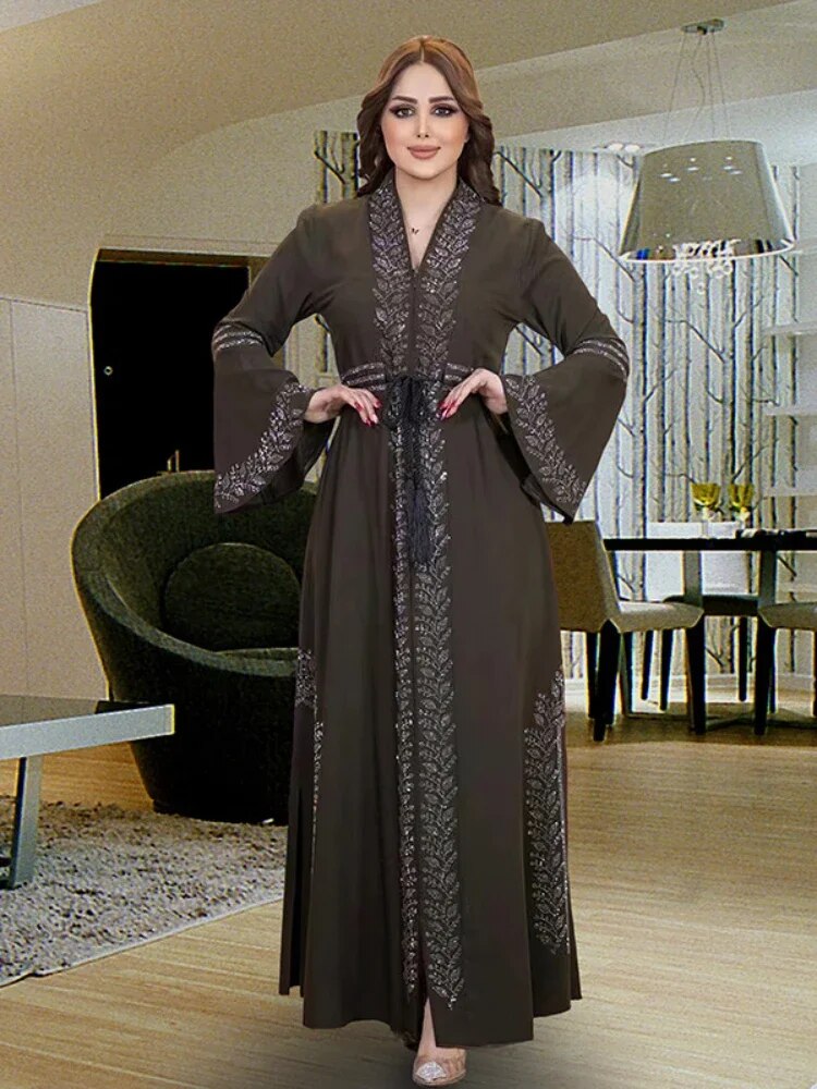 【Trending Now】 Eid Dress For Women Dubai Kaftan Dresses Flare Sleeve Abaya Jalabiya Turkey Ramadan Party Abayas Robe Belt Caftan.