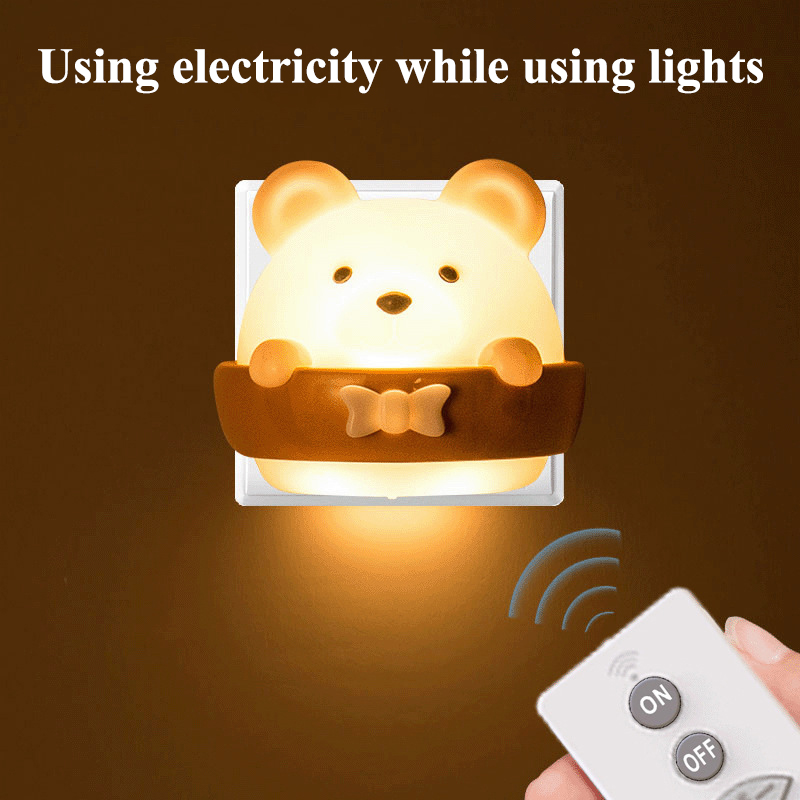 Creative bear LED night light charging plug remote control bedroom bedside no perforation eye protection wall light