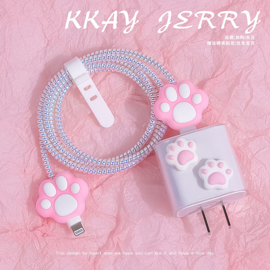Charger Cover iPhone charger protector Cute Paw Style Girl compatible with iphone 12 charger cover 13 pro max 11 pro cable cord protector 18w 20w PD Fast Chargering Case