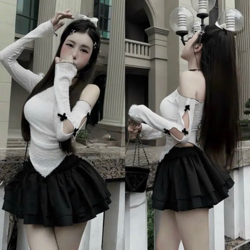 Áo tay dài nơ lưới bánh bèo lệch vai l444