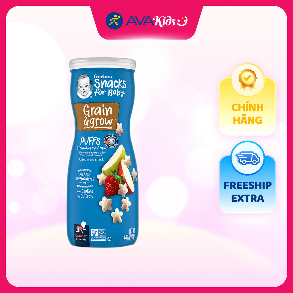 Bánh ăn dặm Gerber Puffs vị dâu, táo lon 42g (từ 8 tháng)