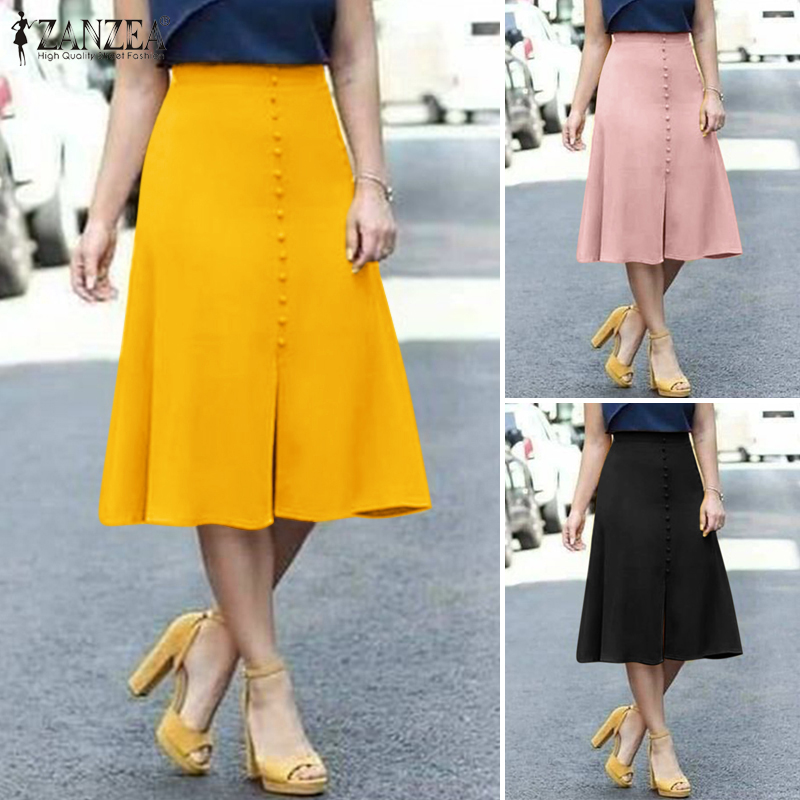 MOMONACO ZANZEA Women's Overskirts Elegant Buttons Solid Midi A-Line Skirts OL Work Front Slit Knitted Skirt #15