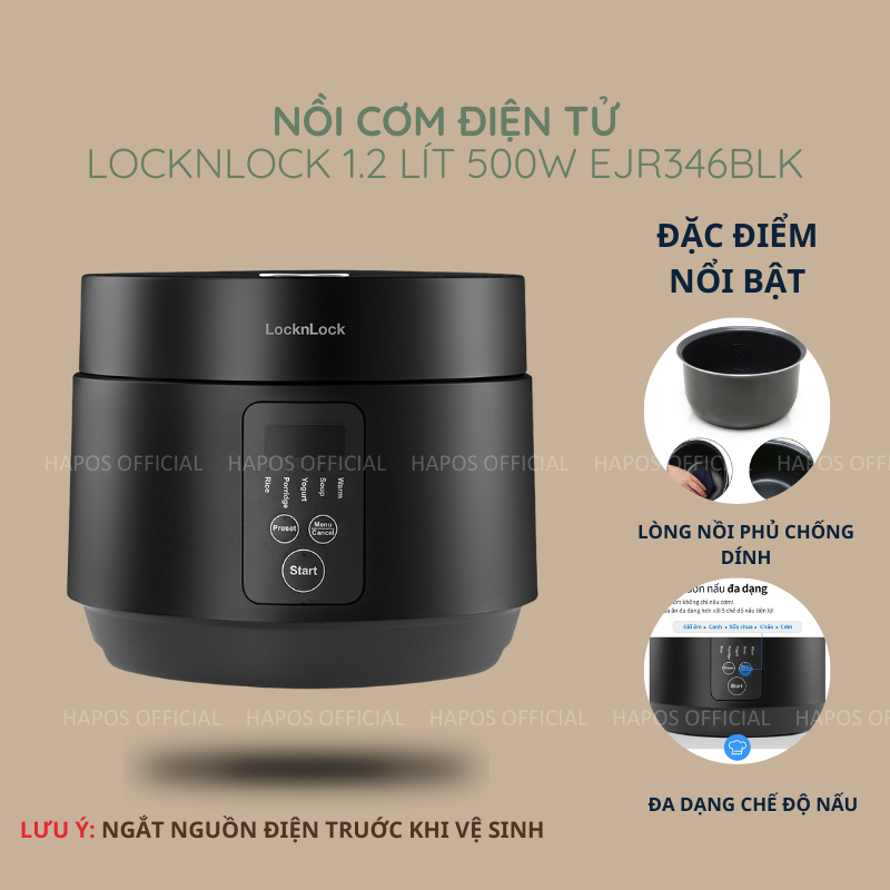 Nồi cơm điện mini LocknLock Compact Rice Cooker 1.2L EJR346BLK - HAPOS OFFICIAL