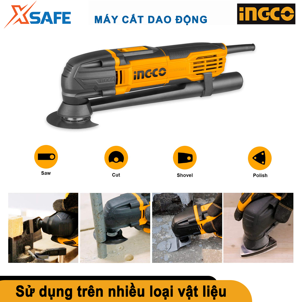 Máy cắt dao động đa năng INGCO MF3008 300W có chỉnh tốc, Máy cắt góc đa năng điện thế 220v tốc độ 10000-20000v/p, tặng kèm bộ 8 lưỡi mài cắt tiện dụng