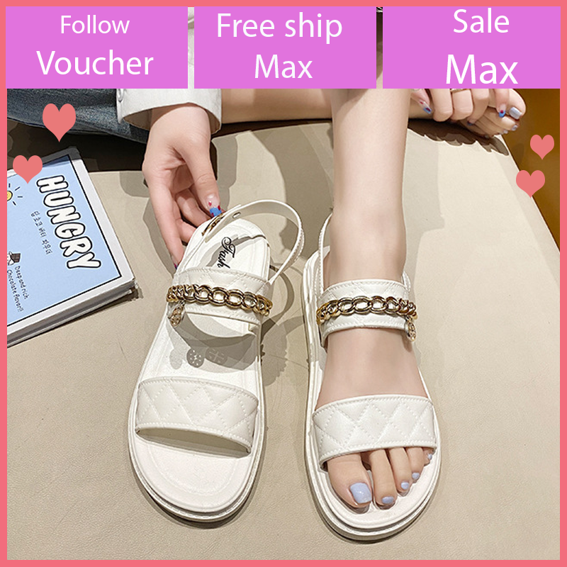 [Hoàn Tiền 15%]Giày sandal nữ 2 quai ngang đế bằng học sinh hàn quốc thời trang dạo phố phối xích V310