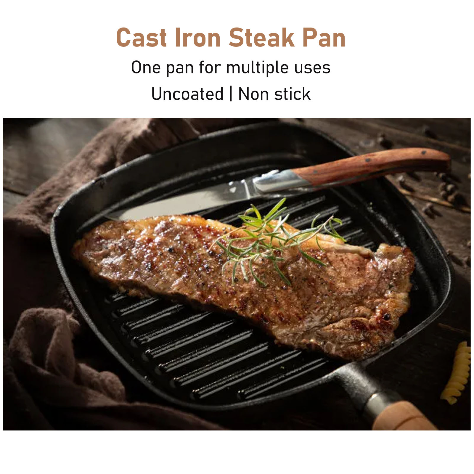 Cast Iron Pan Cast Iron Skillet Wooden Handle for Steak