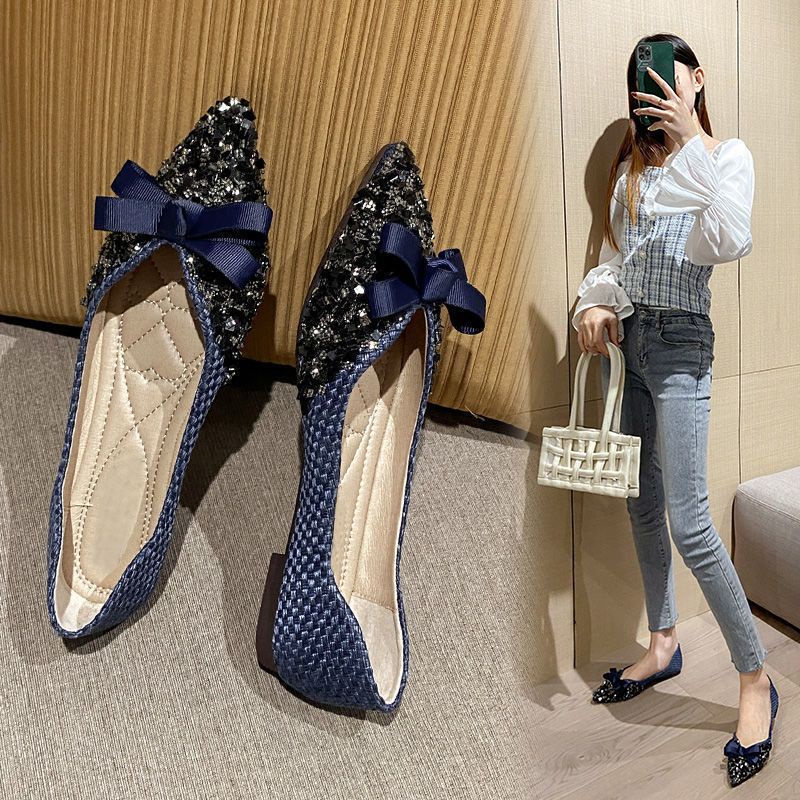 Giày búp bê mũi nhọn đính đá thời trang dành cho nữ