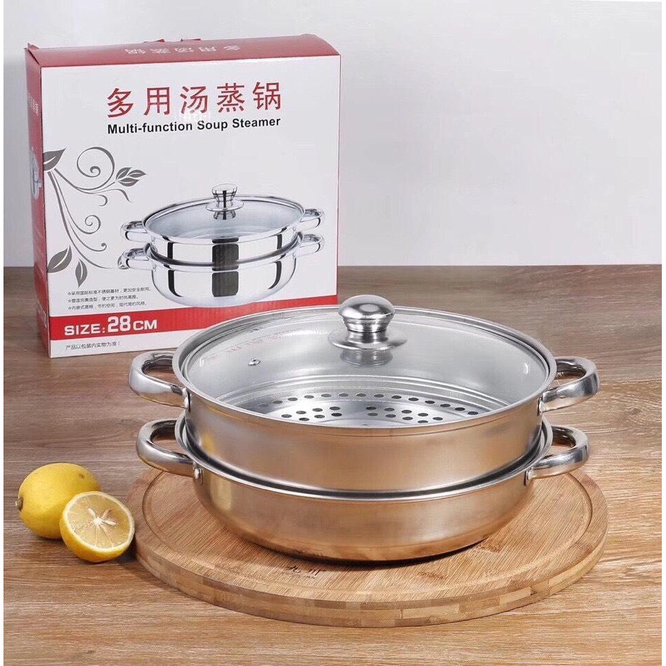 Bộ nồi hấp inox - nồi hấp đa năng 2 tầng cao cấp nắp kính size 28cm dùng được cả bếp từ bếp gas