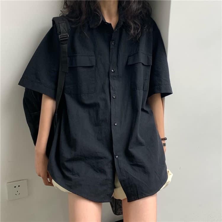 Áo sơ mi ngắn tay from dài rộng unisex, áo sơ mi cộc tay túi hộp, sơ mi đi học, sơ mi nam nữ, sơ mi trắng, đen, cam, vàng, xanh rêu, sơ mi trơn basic thời trang hàn quốc, AMELIA