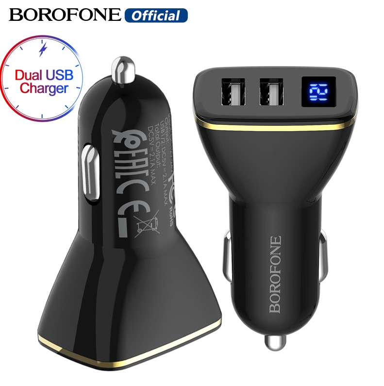 Borofone bz11 car charger usb fast charger 2.1a dual usb port digital display slots car charger adapter