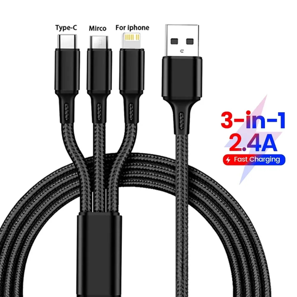 3 in 1 USB Cable Fast Charging USB Type-C Cable for iPhone 14 13 Pro Samsung Xiaomi Micro Lightning Data Cord