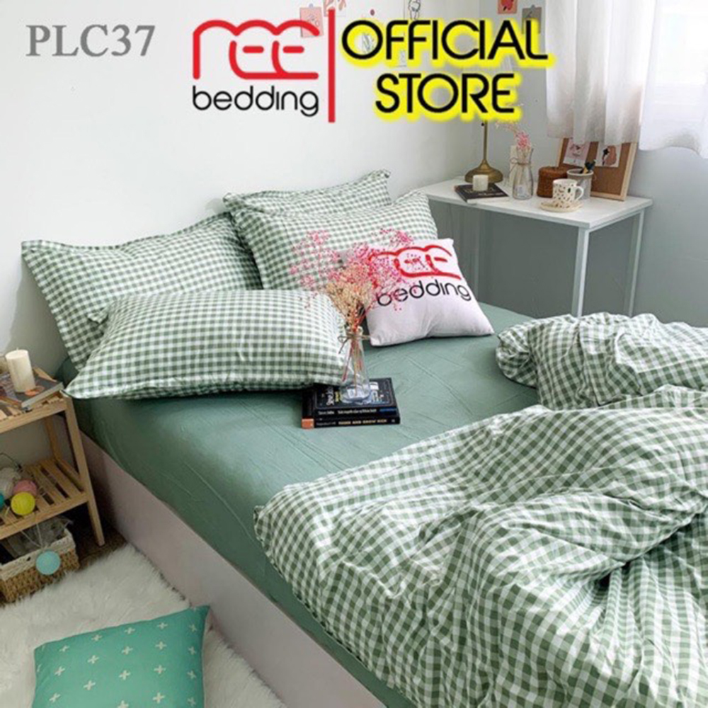 Bộ chăn ga gối poly cotton REE Bedding PLC37 caro xanh đủ size giường nệm 1m2, 1m4, 1m6, 1m8, 2m