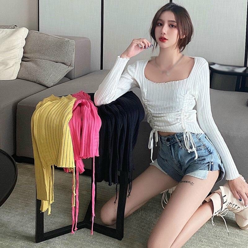 Áo kiểu dây rút hottrend, áo dây rút, áo bẹt vai dây rút, Áo croptop tay dài cổ tim rút dây