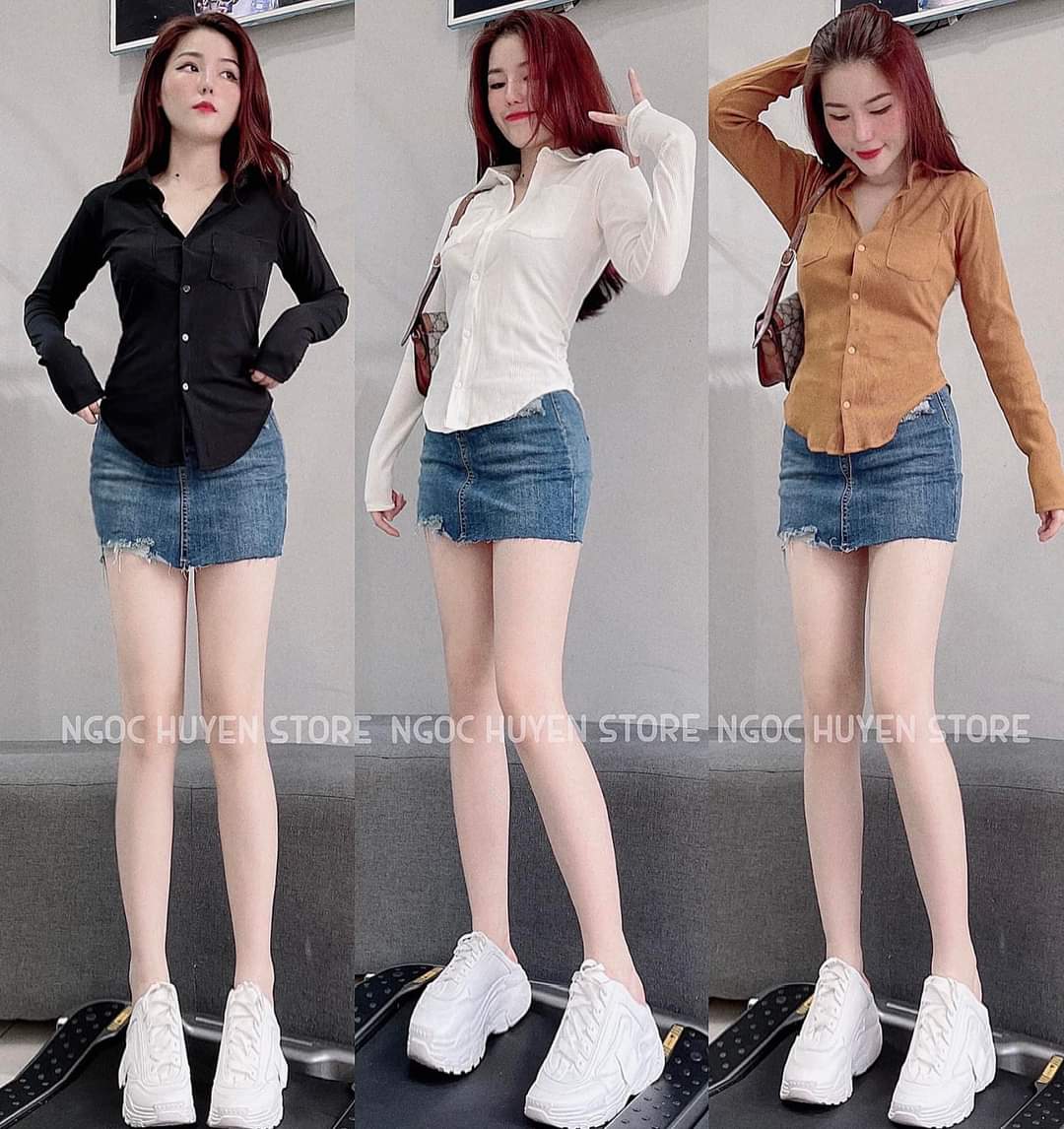 Chân váy jean ôm lưng cao co dãn form rách màu dơ