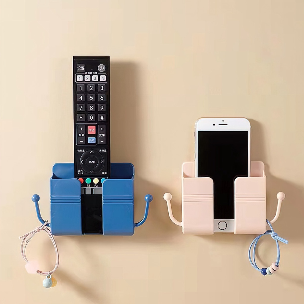 Giá Đỡ Dán Tường Để Sạc Điện Thoại, Remote, Ổ Cắm/ Kệ Đựng Đồ Dán Tường Kèm 2 Móc Treo Đồ -Lumbley