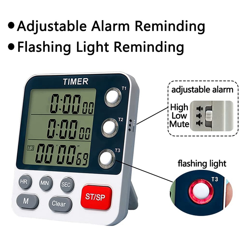 Digital Dual Kitchen Timer,3 Channels Count UP/Down Timer,Cooking Timer,Large Display,Loud Volume Alarm and Flashing