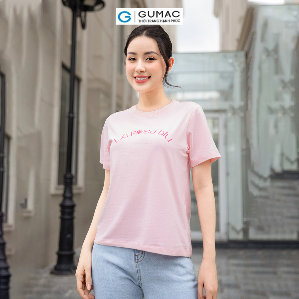 [Chỉ 23.11 - Voucher 30% cho đơn 250K] Áo thun nữ cổ tròn GUMAC ATD09033 tay ngắn có in phồng chữ thanh lịch, tinh tế