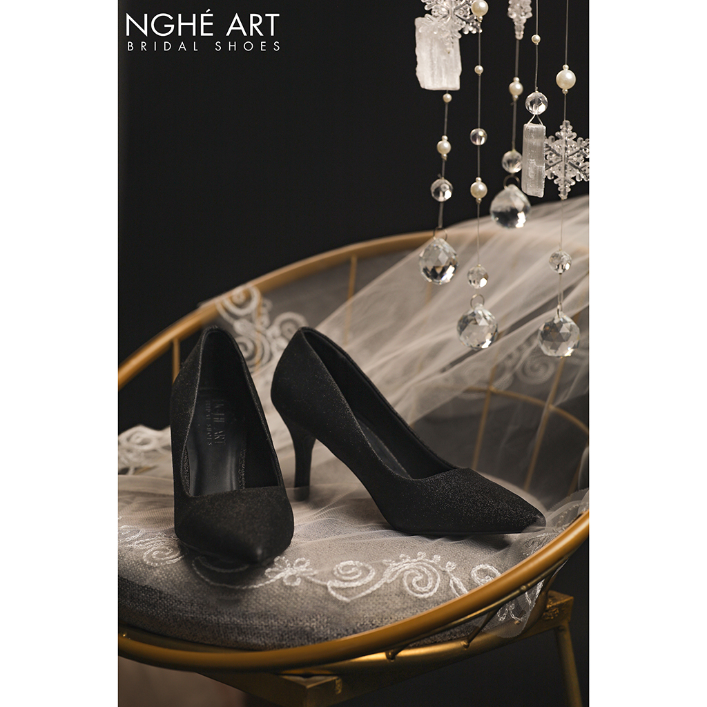 Giày cưới Nghé Art cao gót kim tuyến đen 357