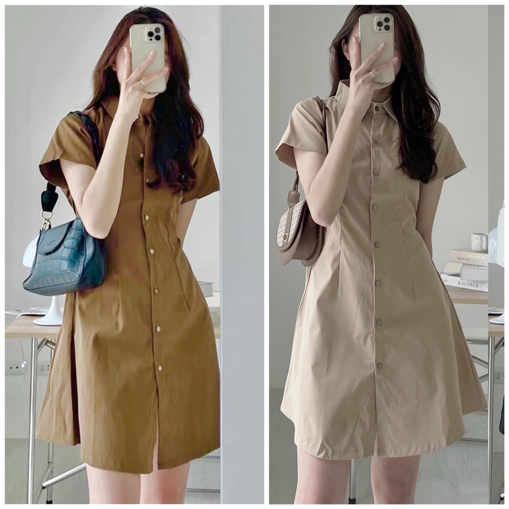 Váy Đầm Sơ Mi Thô Ngắn Tay Cổ Đức kèm dây thắt eo