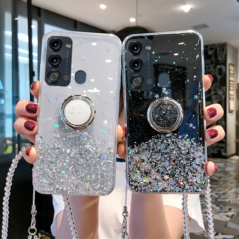For itel Vision 3 case Shiny Ring Glitter Soft Transparent Holder Stand Back Cover with ring Stars Moon Girls For itel Vision 3 Back cover Phone Cases.