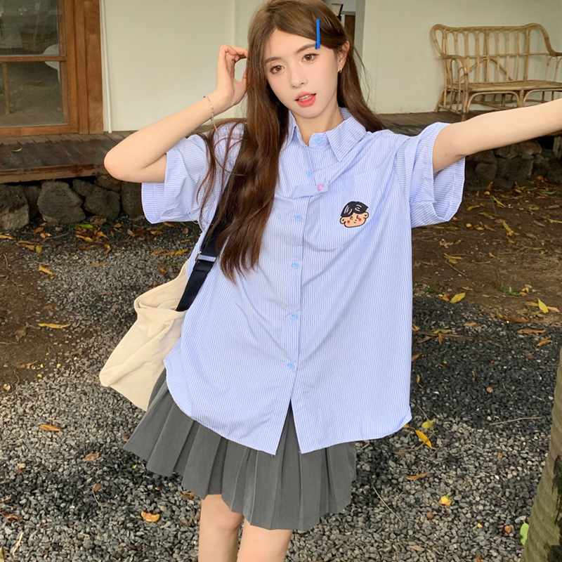 Xiang Nian Ni Korean version of the academy style striped short-sleeved blue shirt women's new style with a couple top tide 11.11 Biggest Sale