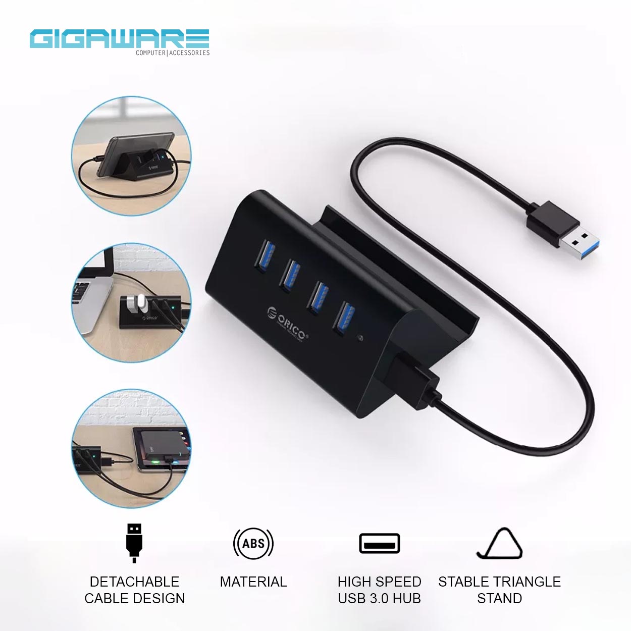 Gigaware SHC-U3 ABS 4 Ports USB HUB 3.0 High-Speed OTG Splitter Multi Portable Data Hub with Stand Holder for Phone Tablet PC | PH