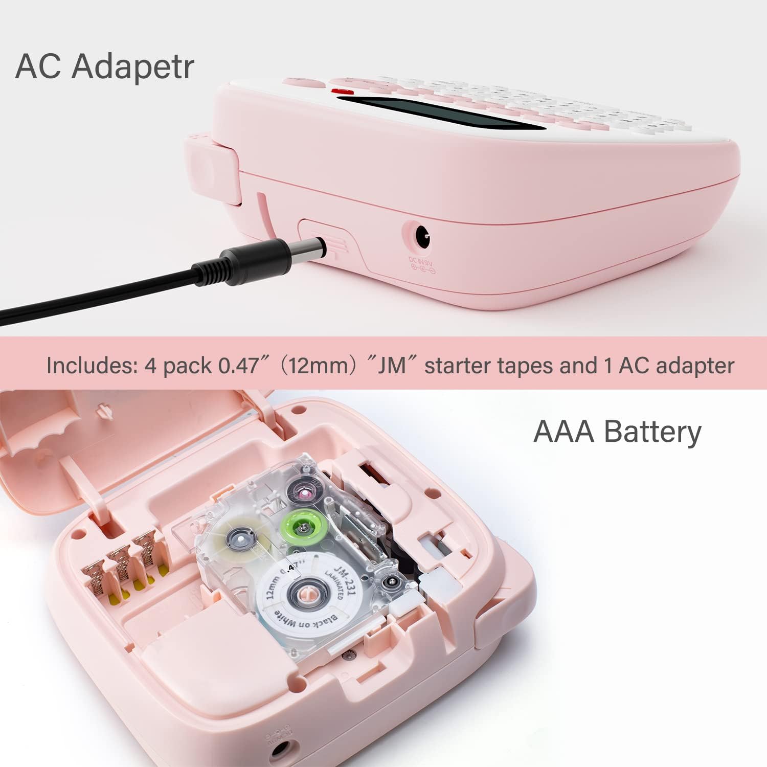 Suminey D210S Label Maker Machine with Tape,with 4 Laminated Label  Tapes,New and Improved Version Pink Printer,Portable Labelmaker,QWERTY  Keyboard Label Makers, AC Adapter, Multiple Line Labeling 