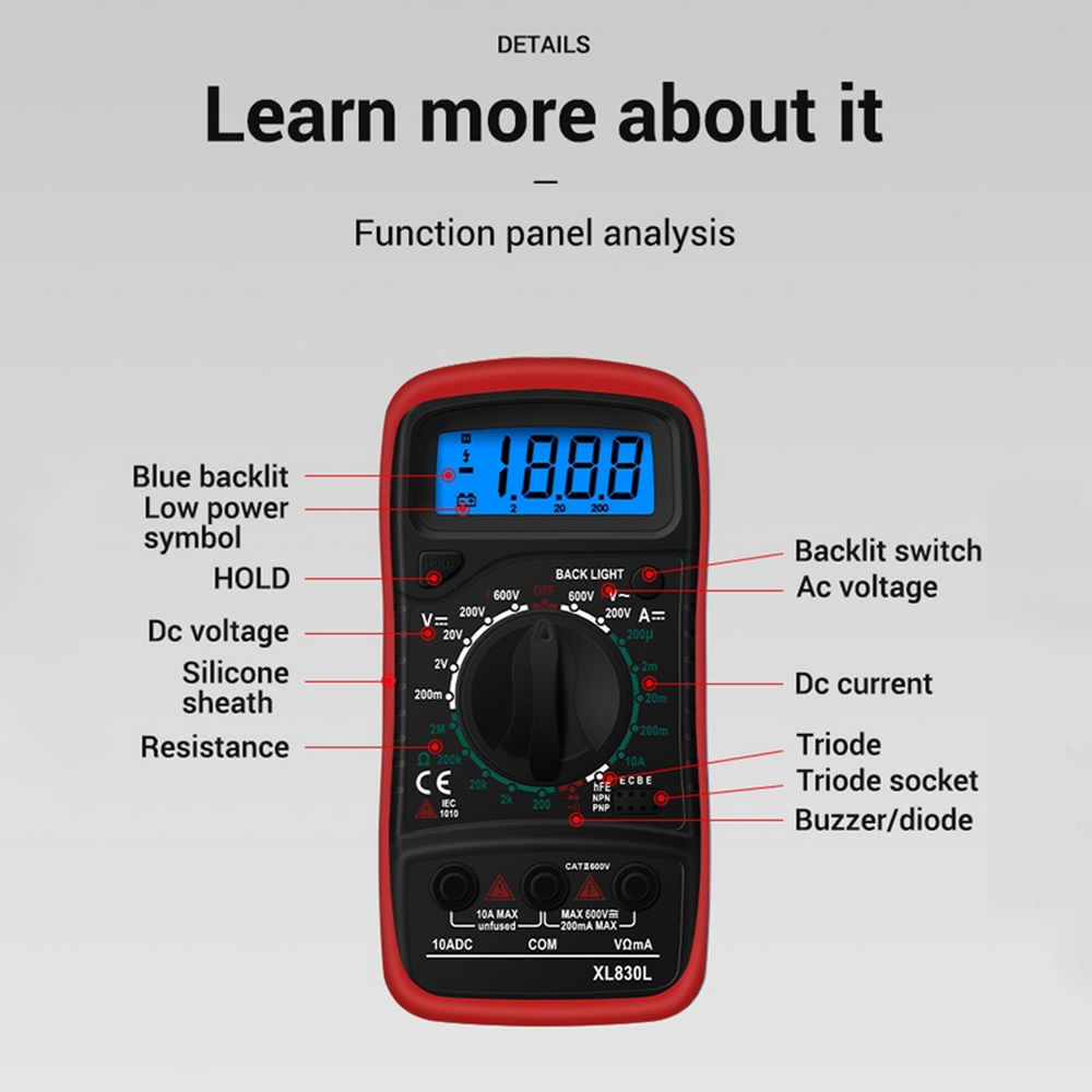 thumbnail image 2 of Digital Multimeter Portable LCD Backlight AC/DC Ammeter Voltmeter Ohm Voltage Tester Meter A830L Lead Testing Kit 2 of 10