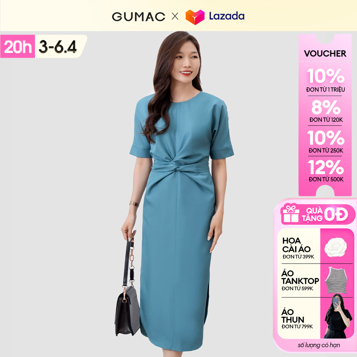 Đầm nữ xoắn eo cột nơ thời trang GUMAC DD03031