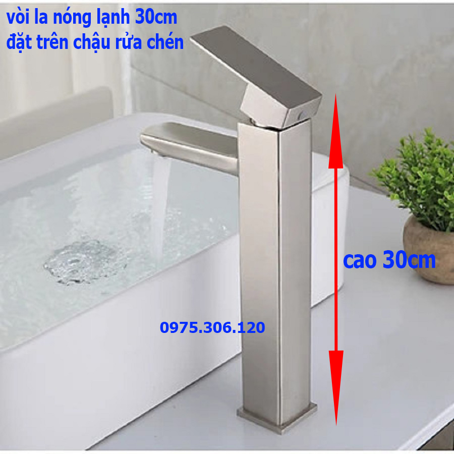 Vòi Rửa Mặt Lavabo Nóng Lạnh INOX 304 N3011 Fotar và 2 dây nóng lạnh VÒI LA VUÔNG 30cm