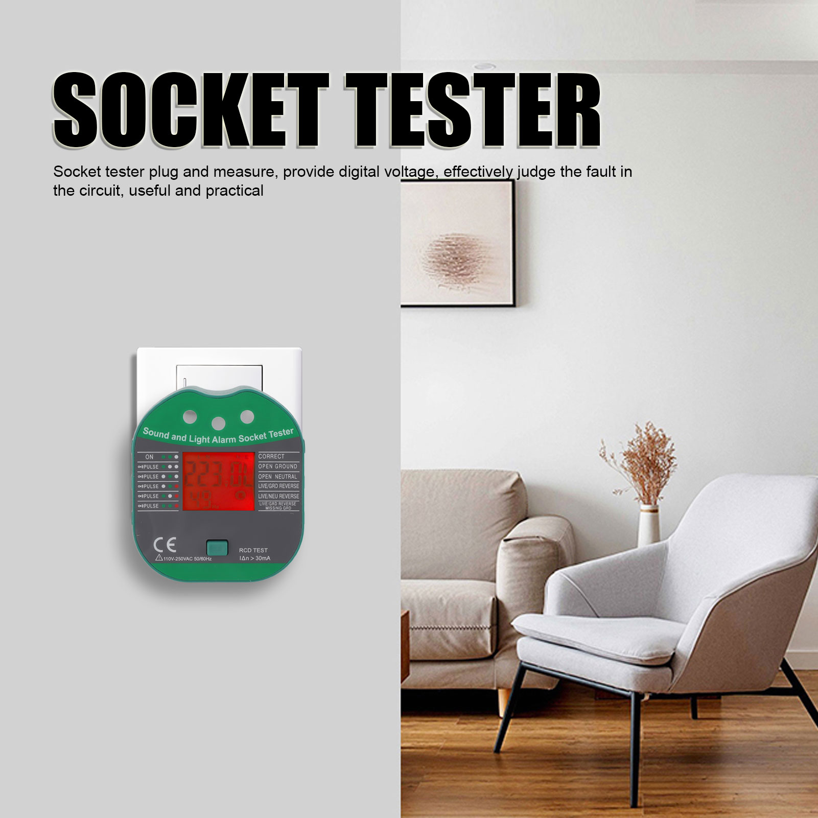 Socket Tester 110‑250v Digital Display Socket Tester Outlet Plug and Measure for Home