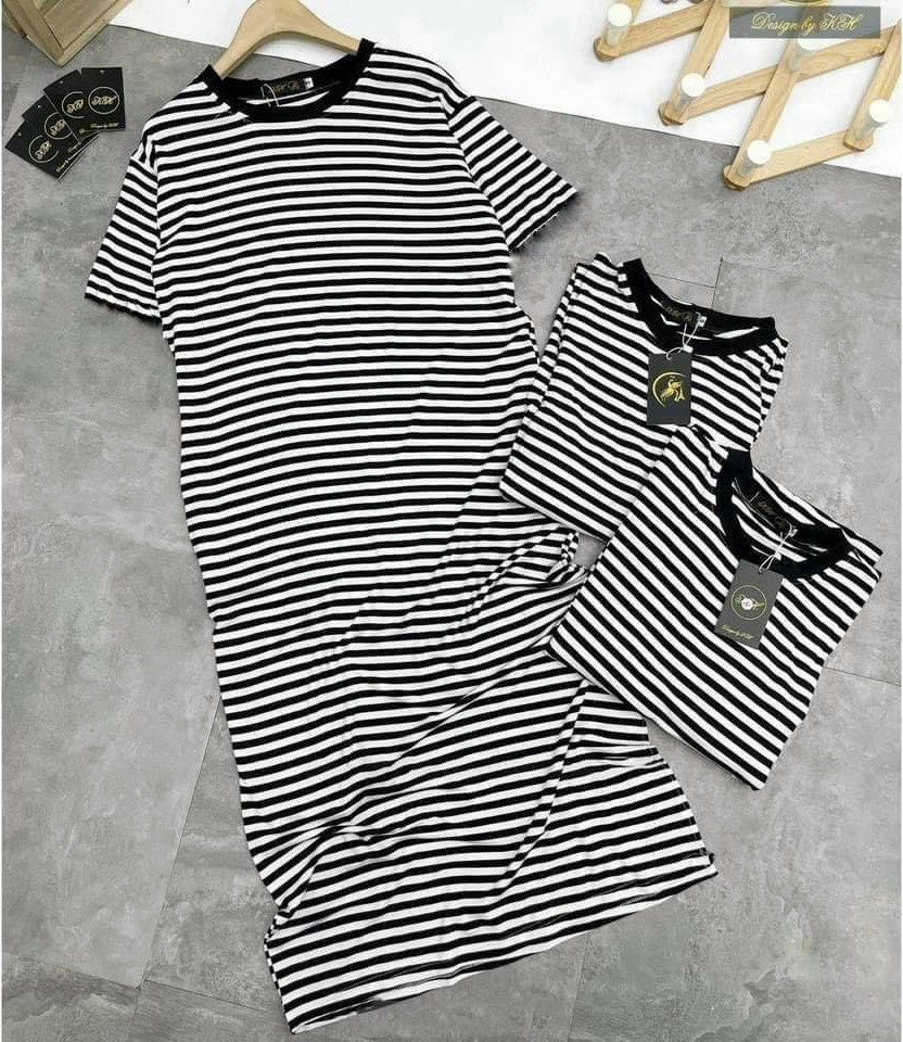 váy suông dáng dài kẻ đen trắng, đầm suông tay lỡ vải cotton 2 màu