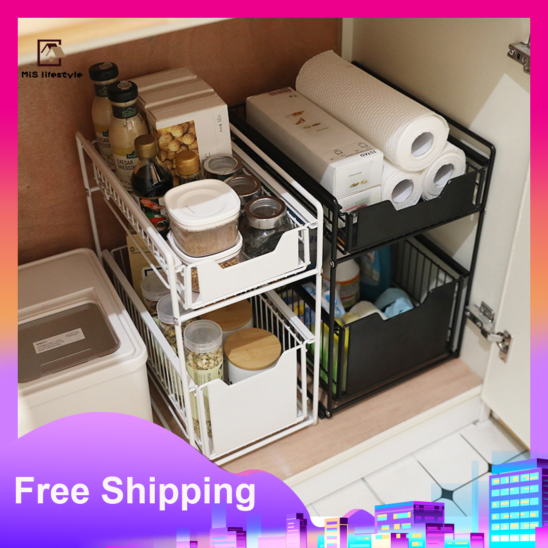 Free Shipping 2 Tier Sliding Organizer Kitchen Storage Rack Two Layerds Sink Rack Land Shelf Cabinet Supplies Drawer Cabinet Storage Layer Rack Pull Push For Bathroom Lazada Singapore