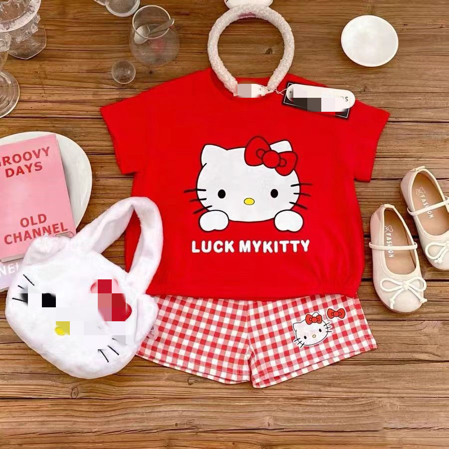Anime Sanrio Hello Kitty Cinnamoroll Kuromi Cute Children's T-shirt Set Summer New Loose Short-sleeved Shorts Two-piece Set Gift
