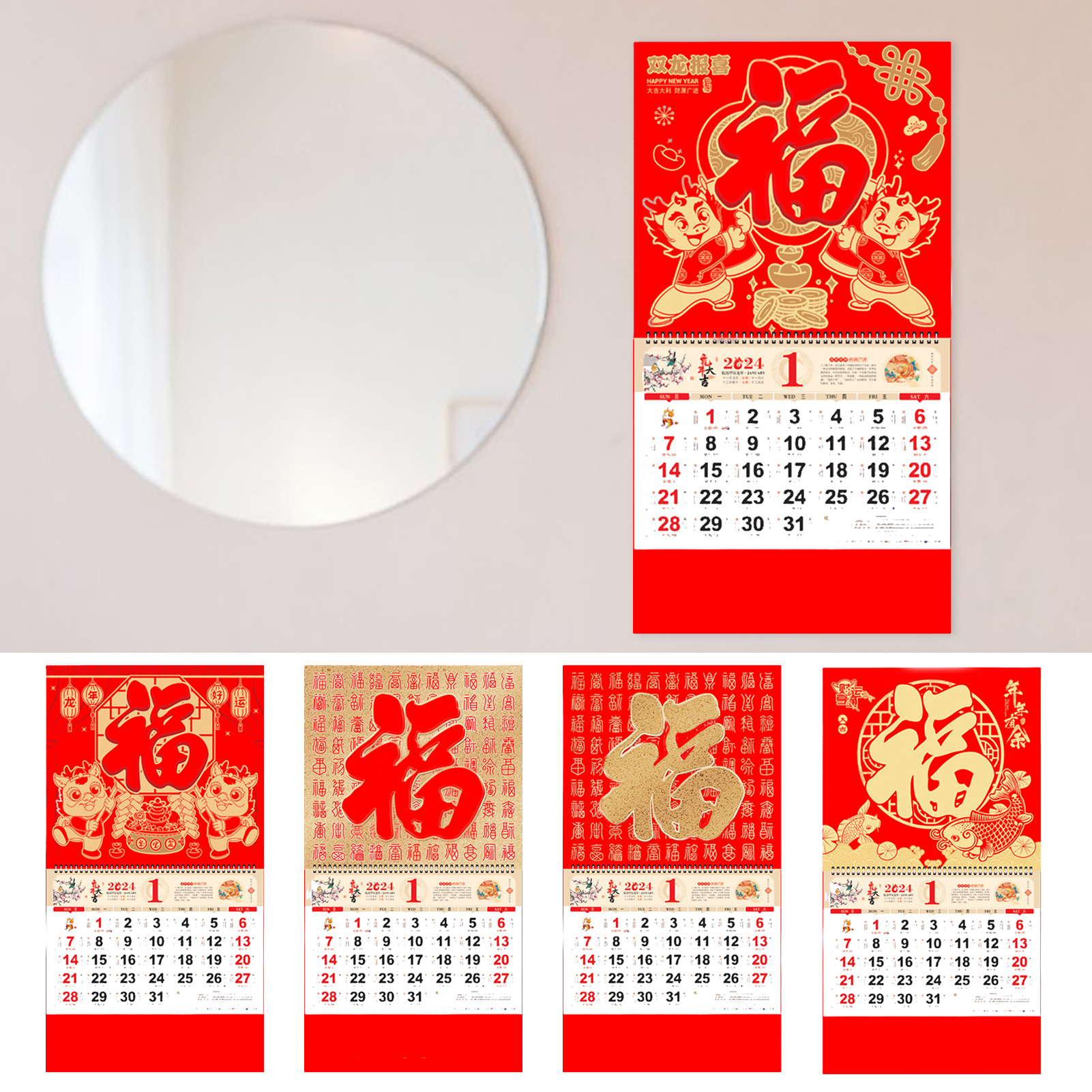 Chinese New Year Calendar Year of the Dragon Wall Calendar 2024 Red Chinese New Year Wall Calendar Double Coil Tearable Monthly Ornament for Home Office