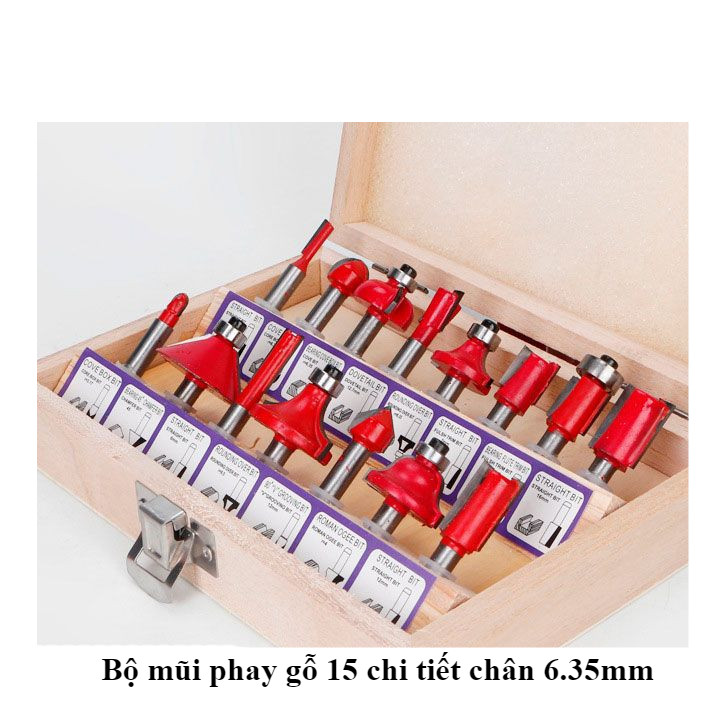 Bộ mũi phay gỗ 15 chi tiết chân 6.35mm _TKDN