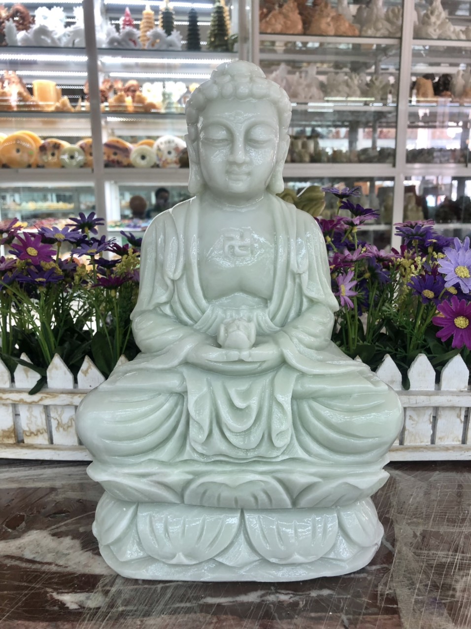 Tượng Phật A Di Đà, phật tổ như lai ngồi đài sen đá cẩm thạch trắng xanh - Cao 30cm