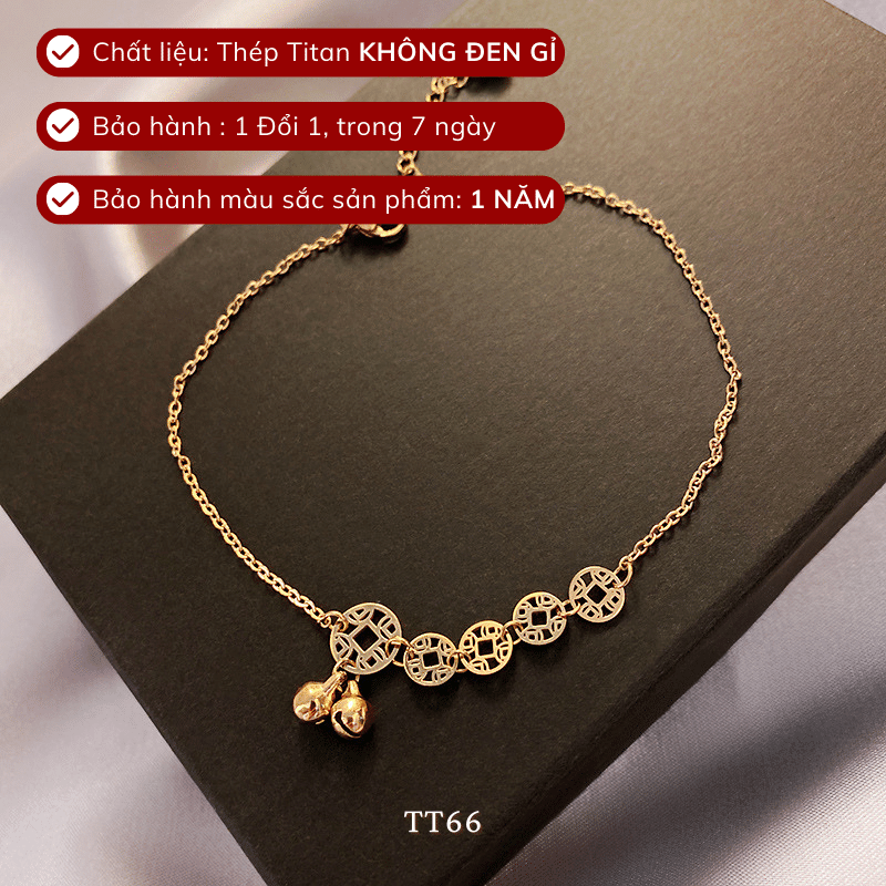 Lắc chân thép Titan mạ vàng hình đồng xu kết hợp với chuông - Mely TT66