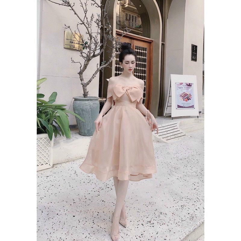 Đầm dự tiệc mặc cưới bẹt vai nơ chất voan xốp bồng xòe siêu xinh LD22