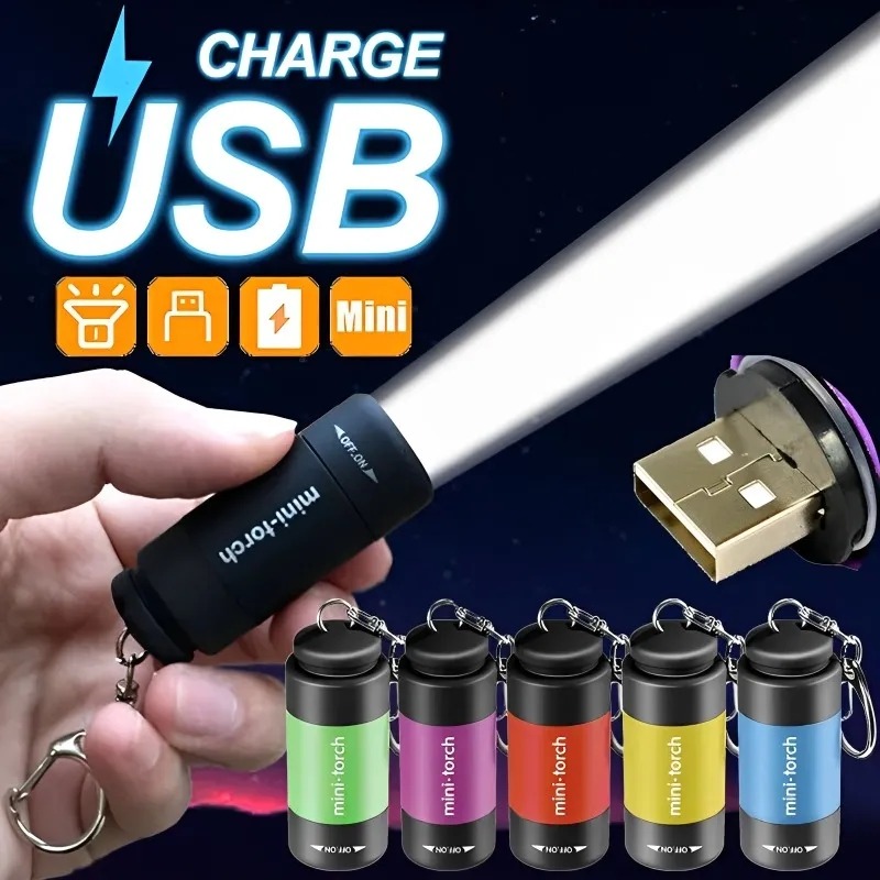 Đèn pin LED Mini USB di động có thể sạc lại túi không thấm nước đèn pin móc khóa cắm trại ngoài trời đèn khẩn cấp.